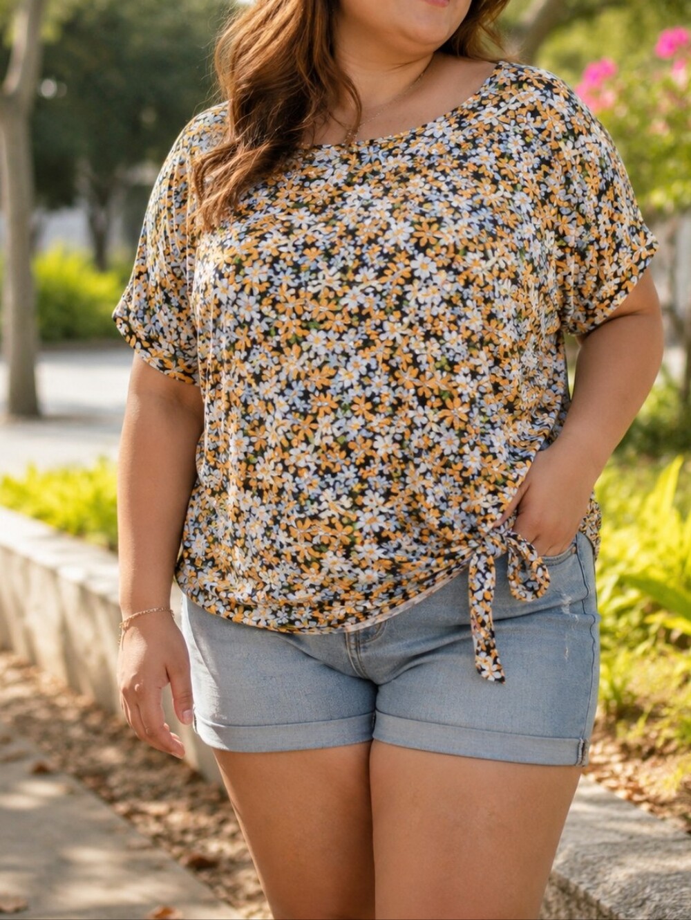 NWT MyStyle Plus Size Yellow Blue Floral Tie-Hem Tunic Top | Soft Stretch Summer